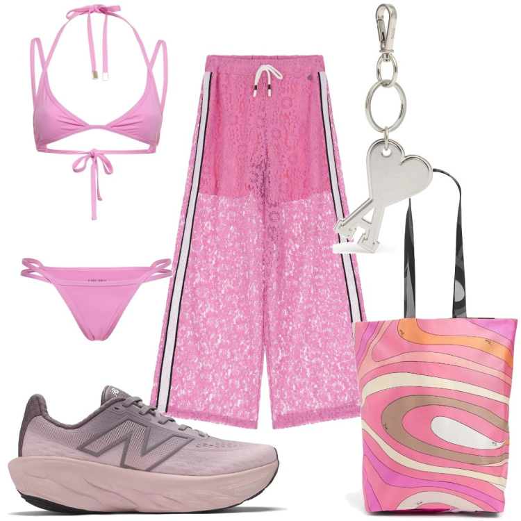 Outfit donna - Total look #2193809. Stile Sporty chic per Mare. Abbinamento con sneakers, pantaloni, portachiavi, shopping bag, bikini.