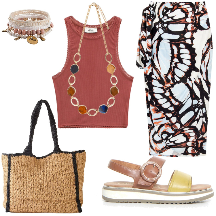 Outfit donna - In paglia shik. Stile Basic per Tutti i giorni. look ideale per Petite. Abbinamento con shopping bag, braccialetti, gonne longuette, top, collane, sandali.