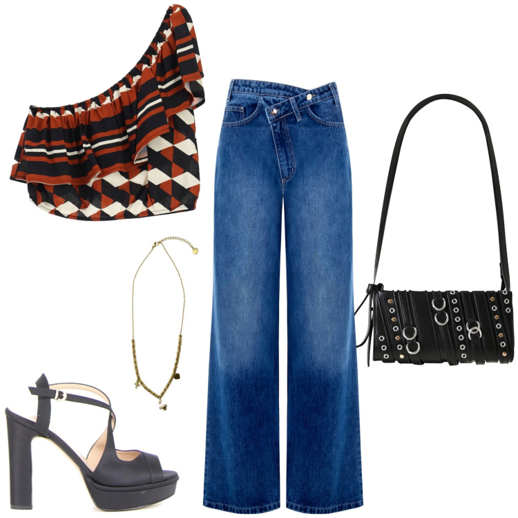 Outfit donna - Uno spritz con amiche. Stile Casual per Serata fuori. Abbinamento con borse a spalla, jeans, top, ciondoli, sandali col tacco.
