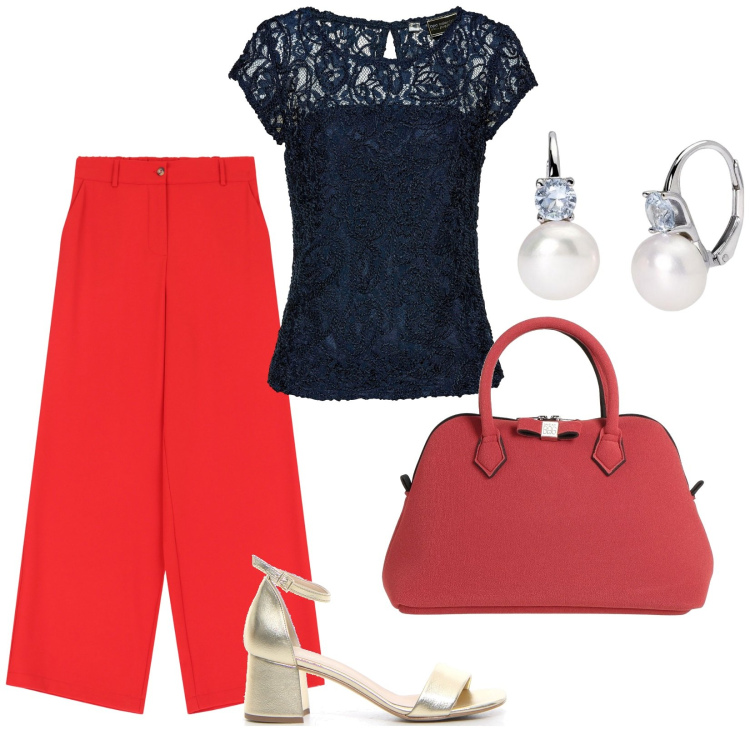 Outfit donna - Il merletto di giorno. per Tutti i giorni. Abbinamento con bluse, borse a mano, orecchini, pantaloni a palazzo, sandali col tacco.