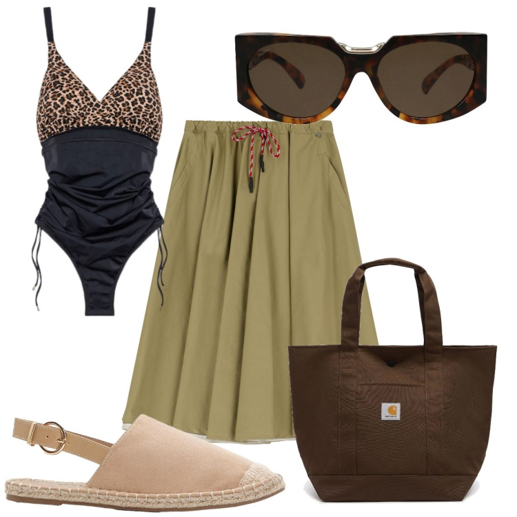 Outfit donna - Total look #2193819. Stile Etnico per Mare. Abbinamento con espadrillas, occhiali da sole, gonne longuette, costumi interi, borse tote.