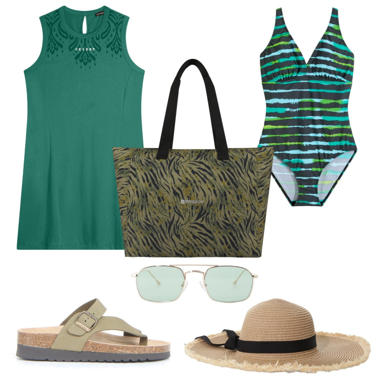 Outfit donna - Al mare in verde. Stile Basic per Mare. Abbinamento con costumi interi, occhiali da sole, cappelli, shopping bag, vestiti midi/longuette, ciabatte.