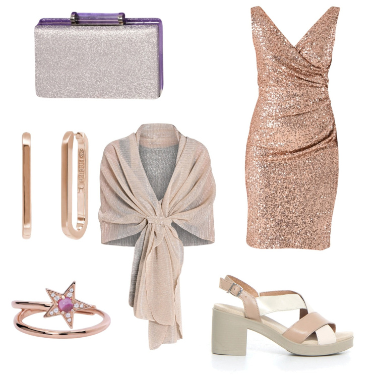 Outfit donna - Elegante a una cerimonia. Stile Glamour per Cerimonia. Abbinamento con orecchini, anelli, stole, vestiti a tubino, pochette, sandali col tacco.