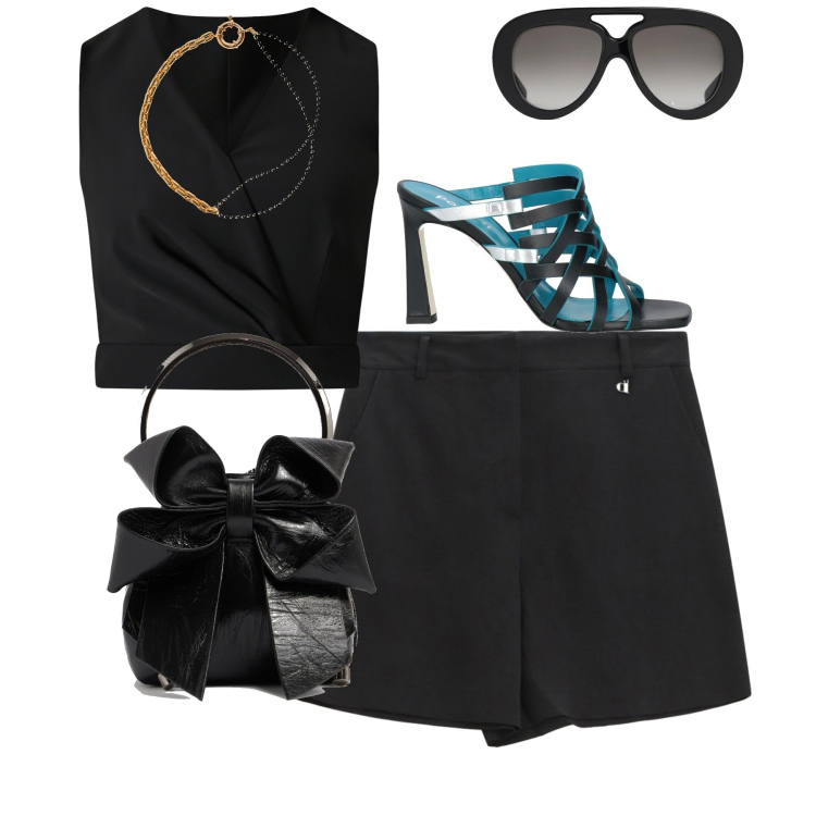 Outfit donna - Total look #2193826. Stile Casual chic per Tutti i giorni. Abbinamento con sandali in pelle, shorts, top, collane, occhiali da sole, borse a spalla.