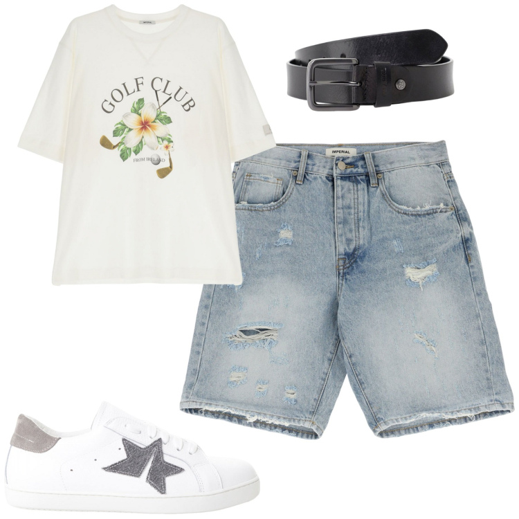 Outfit uomo - Giugno. Stile Casual per Tutti i giorni. Abbinamento con t-shirt, cinture, sneakers, bermuda.