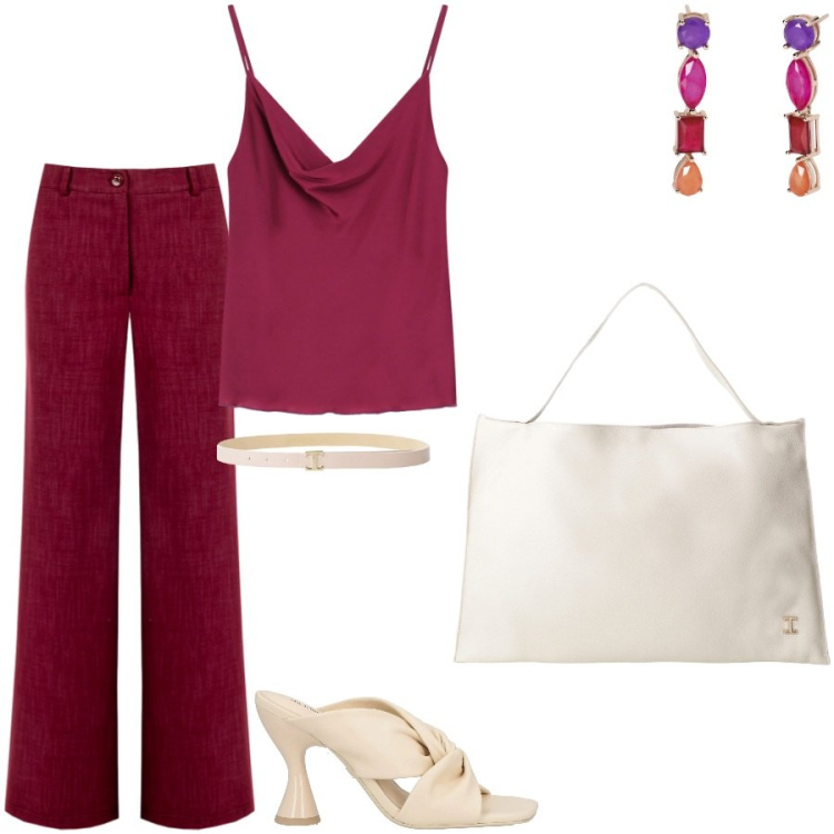 Outfit donna - Duo colori chic. Stile Chic per Serata fuori. Abbinamento con sandali in pelle, orecchini, pantaloni, cinture, borse a spalla, top.