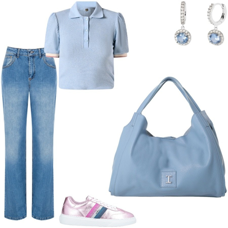 Outfit donna - Sempre con stile. Stile Casual chic per Serata fuori. Abbinamento con sneakers, pochette, orecchini, polo, jeans.