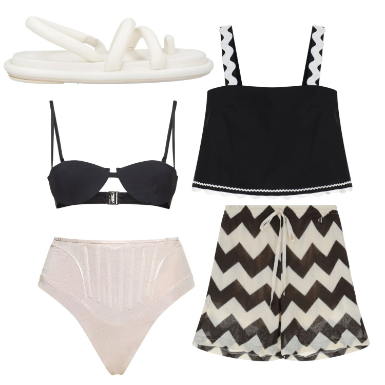 Outfit donna - Mare 60. Stile Glamour per Mare. Abbinamento con ciabatte, shorts, top, bikini, bikini.