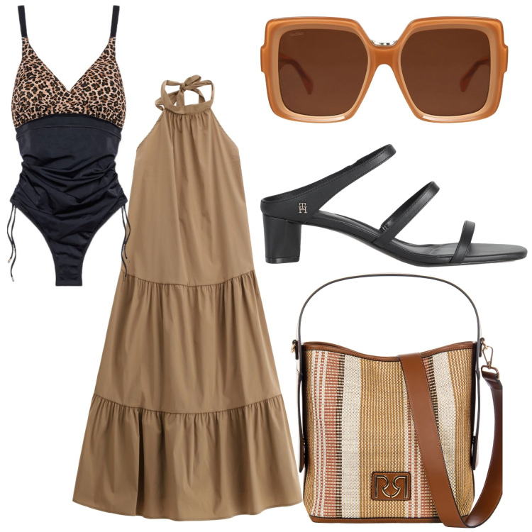 Outfit donna - Total look #2193847. Stile Boho per Mare. Abbinamento con occhiali da sole, sandali in pelle, borse a secchiello, vestiti midi/longuette, costumi interi.