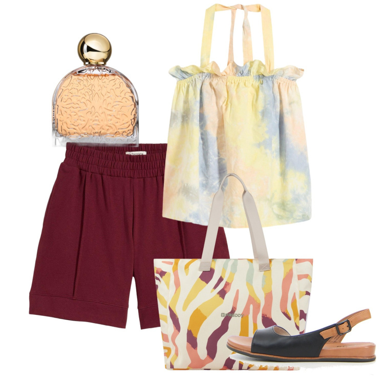 Outfit donna - Fresca a giugno. Stile Casual per Tutti i giorni. Abbinamento con shorts, top, profumi, shopping bag, sandali.