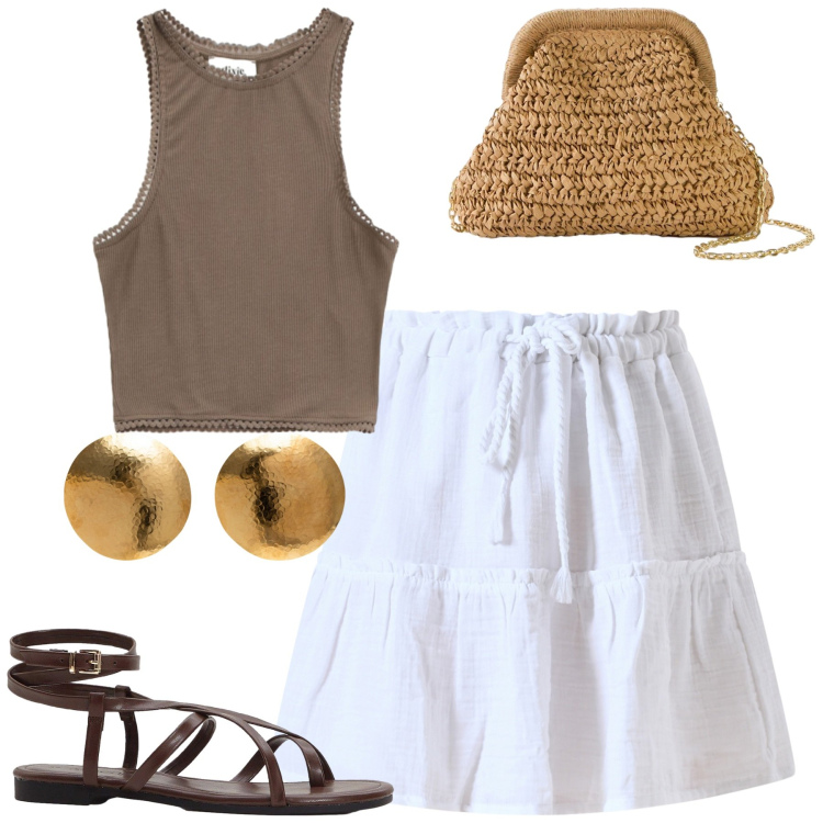 Outfit donna - Al mare. Stile Casual chic per Mare. Abbinamento con sandali, borse a tracolla, gonne, top, orecchini.
