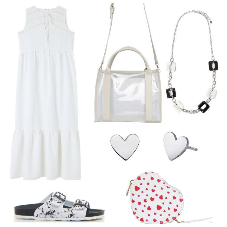 Outfit donna - Il vestito bianco. Stile Boho per Tutti i giorni. Abbinamento con vestiti midi/longuette, portafogli, borse tote, orecchini, collane, ciabatte.