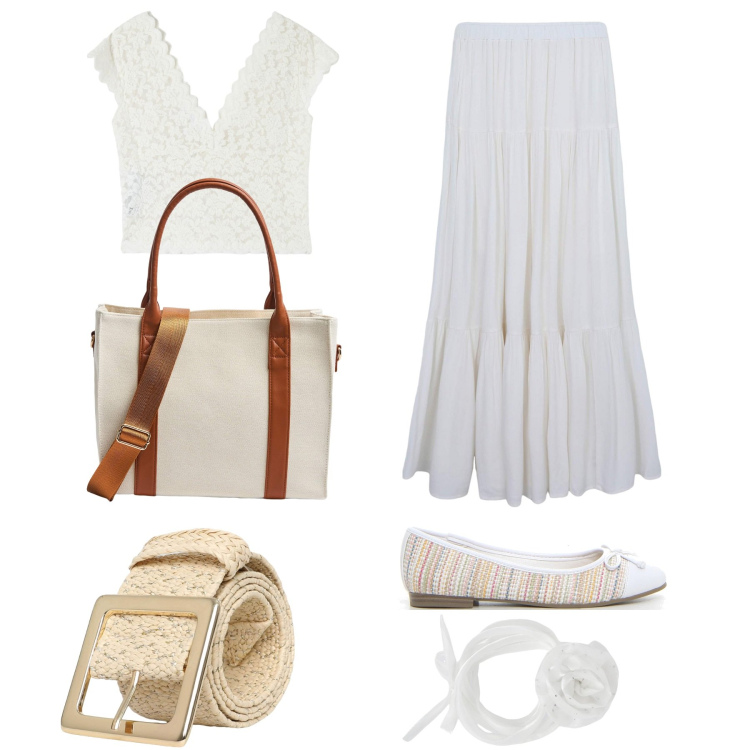Outfit donna - Bianco boho. Stile Boho per Tutti i giorni. Abbinamento con t-shirt, gonne lunghe, collane, shopping bag, cinture, ballerine.