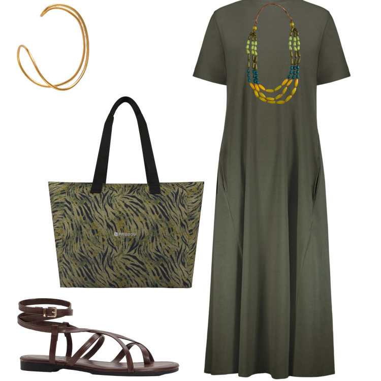Outfit donna - In ufficio. Stile Basic per Ufficio. Abbinamento con sandali, shopping bag, collane, vestiti midi/longuette, braccialetti.
