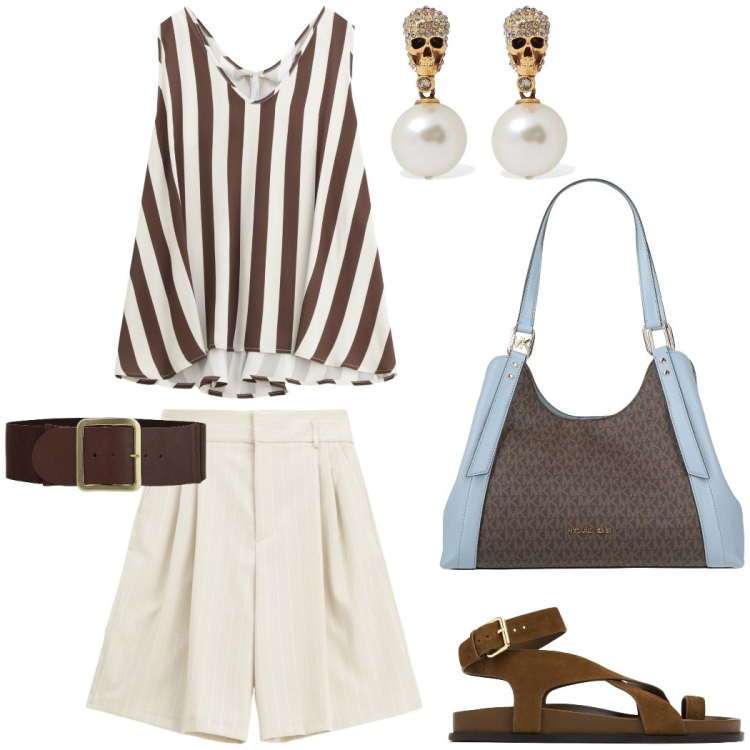 Outfit donna - Mettersi in riga. Stile Casual chic per Tutti i giorni. Abbinamento con borse a mano, top, shorts, cinture, orecchini, sandali in pelle.