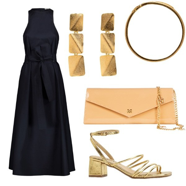 Outfit donna - Compleanno a sopresa. Stile Glamour per Serata fuori. Abbinamento con sandali col tacco, pochette, vestiti midi/longuette, braccialetti, orecchini.