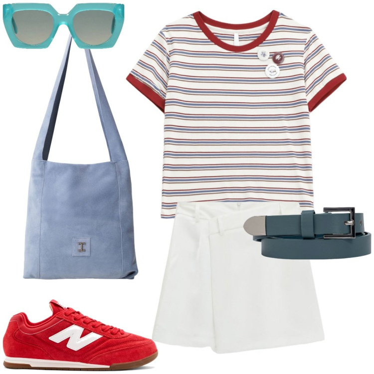 Outfit donna - In riga!. Stile Casual chic per Tutti i giorni. Abbinamento con occhiali da sole, sneakers, t-shirt, minigonne, borse a tracolla, cinture.