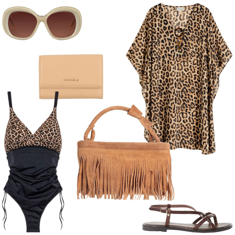 Outfit donna - Al mare in versione animalier. Stile Urban per Mare. Abbinamento con vestiti da spiaggia, borse a mano, occhiali da sole, portafogli, sandali, costumi interi.