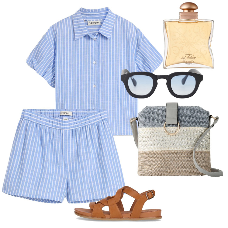 Outfit donna - Lungomare. Stile Casual per Tutti i giorni. Abbinamento con shorts, borse a tracolla, camicie, profumi, occhiali da sole, sandali.