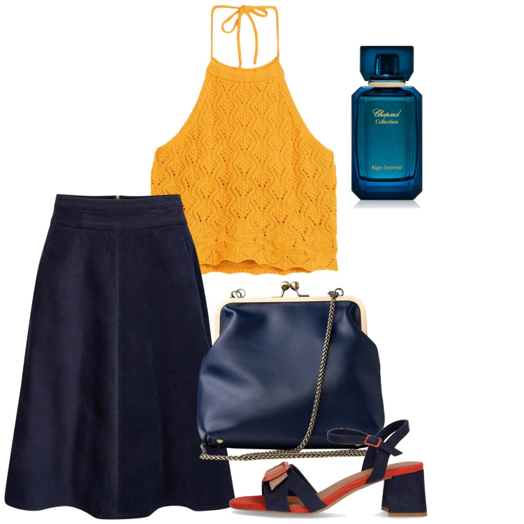 Outfit donna - Giugno. Stile Bon Ton per Tutti i giorni. Abbinamento con top, profumi, gonne, clutch, sandali col tacco.