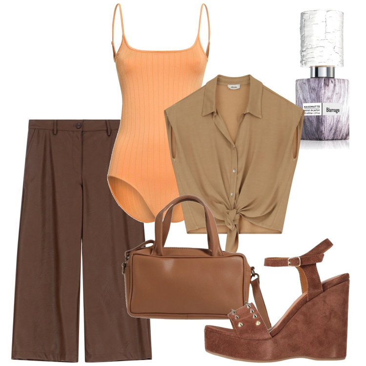 Outfit donna - Giugno. Stile Chic per Tutti i giorni. Abbinamento con sandali in pelle, borse a mano, profumi, camicie, pantaloni, top.