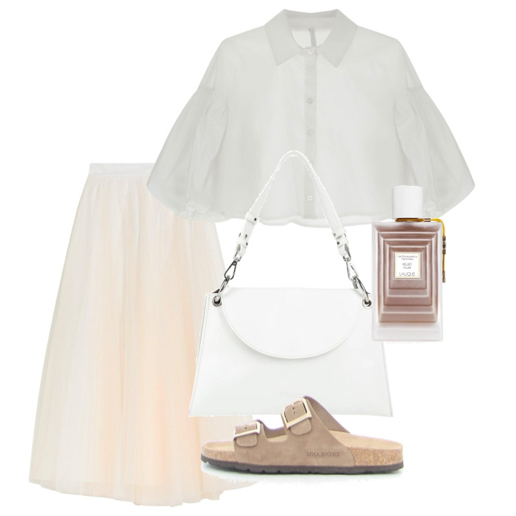 Outfit donna - Giugno. Stile Bon Ton per Tutti i giorni. Abbinamento con gonne lunghe, borse a mano, profumi, camicie, ciabatte.