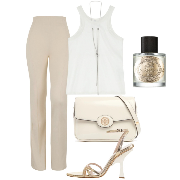 Outfit donna - Note chic. Stile Chic per Tutti i giorni. Abbinamento con profumi, top, pantaloni, sandali col tacco, borse a spalla.