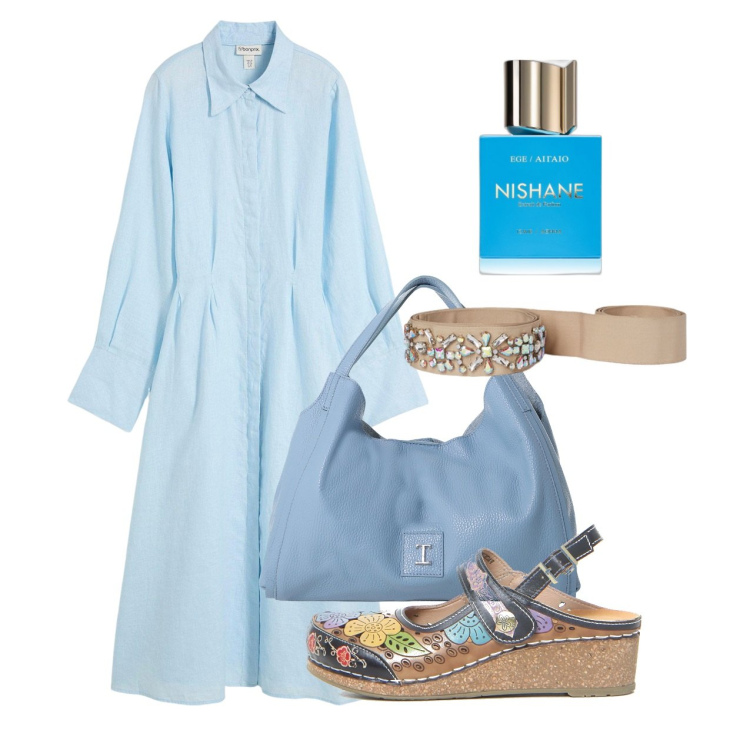 Outfit donna - Confetto. Stile Bon Ton per Ufficio. Abbinamento con vestiti chemisier, profumi, pochette, cinture, sandali.