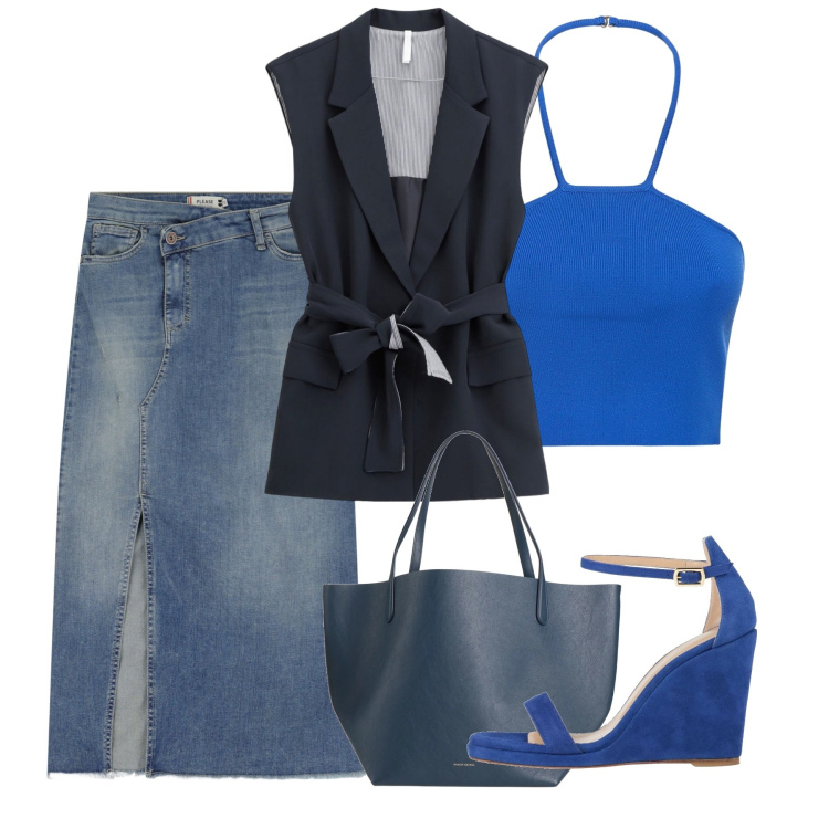 Outfit donna - Blu. Stile Chic per Tutti i giorni. Abbinamento con sandali in pelle, borse a mano, gonne longuette, gilet, top.