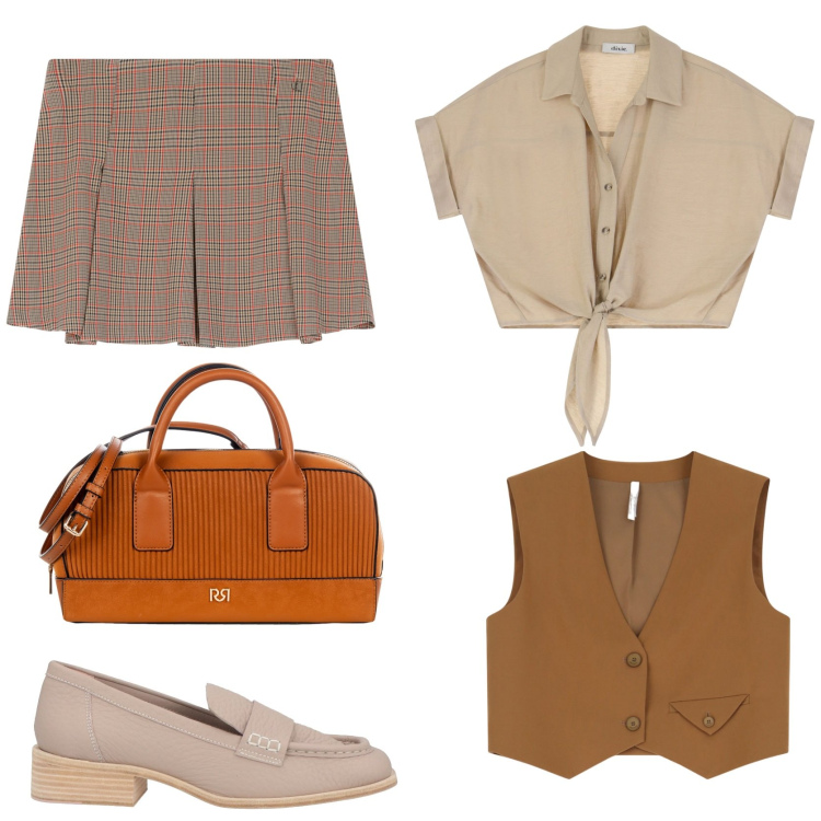 Outfit donna - Preppy style. Stile Preppy per Scuola/Università. Abbinamento con mocassini, borse a mano, gilet, minigonne, camicie a manica corta.