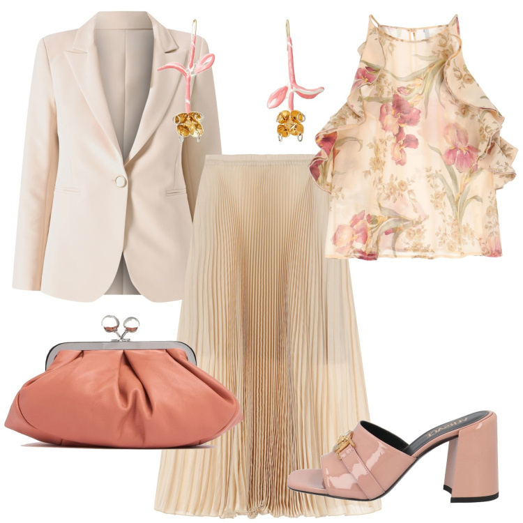 Outfit donna - Battesimo. Stile Bon Ton per Cerimonia. Abbinamento con sandali in pelle, orecchini, blazer, canottiere, gonne lunghe, pochette.