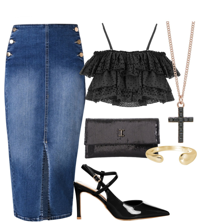 Outfit donna - Andiamo a cena fuori?. Stile Casual chic per Serata fuori. Abbinamento con gonne longuette, décolleté, anelli, collane, borse a tracolla, top.