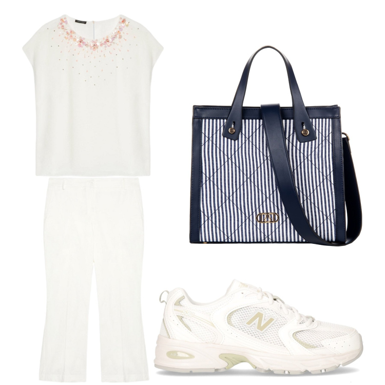 Outfit donna - Aperitivo. Stile Trendy per Tutti i giorni. Abbinamento con shopping bag, pantaloni, bluse, sneakers.