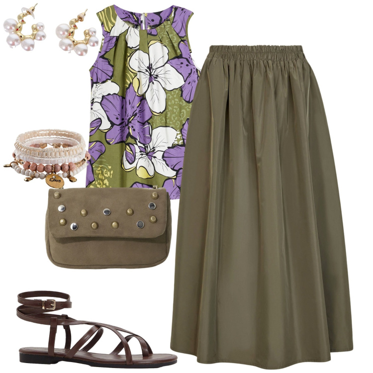 Outfit donna - City. Stile Urban per Tutti i giorni. Abbinamento con braccialetti, sandali, top, borse a tracolla, orecchini, gonne lunghe.