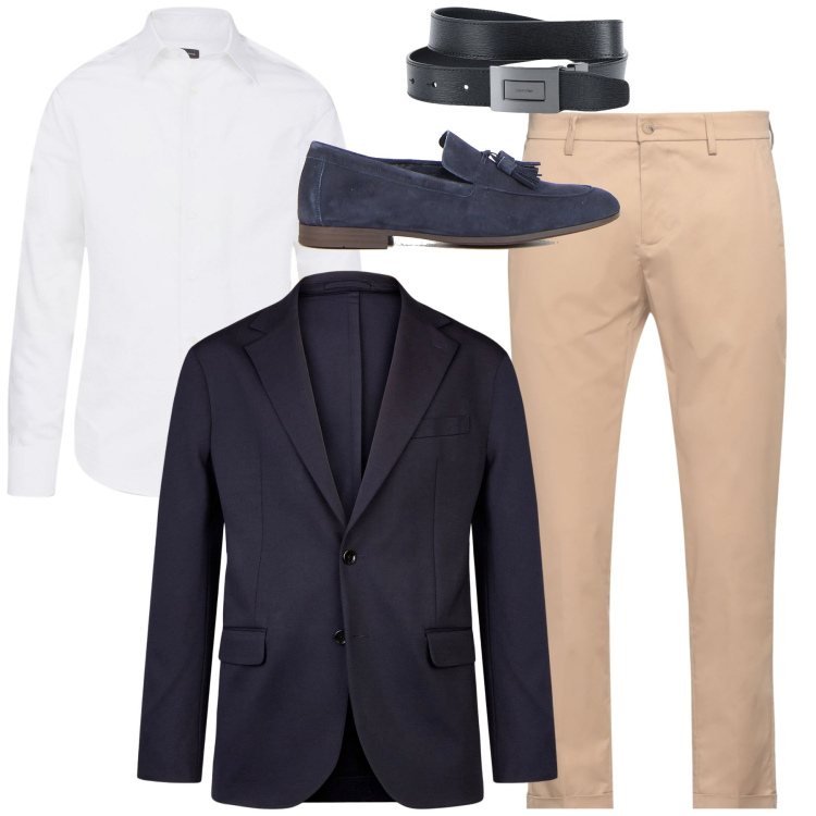 Outfit uomo - Riunione in ufficio. Stile Business/Elegante per Ufficio. Abbinamento con pantaloni chino, cinture, giacche, camicie, scarpe stringate.
