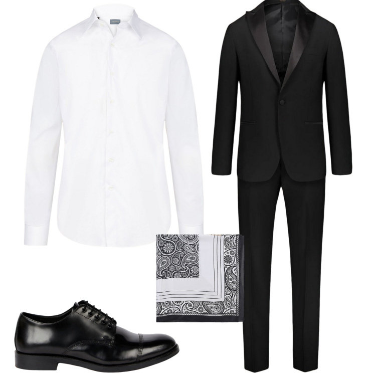 Outfit uomo - Evento. Stile Business/Elegante per Cerimonia. Abbinamento con sciarpe e foulard, abiti, camicie, scarpe stringate.