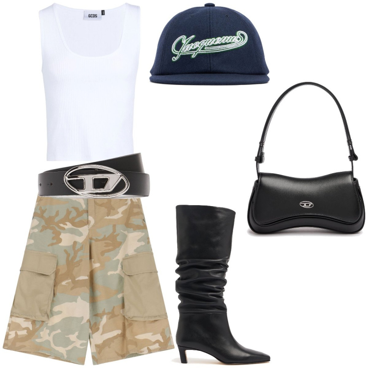 Outfit donna - Street. Stile Military per Tutti i giorni. Abbinamento con canottiere, bermuda, borse a spalla, cinture, cappelli, stivali.
