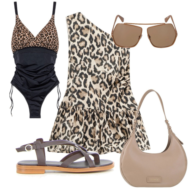 Outfit donna - Total look #2193919. Stile Trendy per Mare. Abbinamento con borse a spalla, vestiti corti, costumi interi, sandali, occhiali da sole.