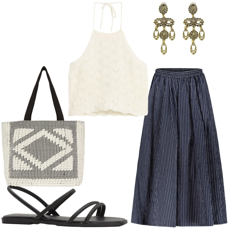 Outfit donna - Sotto questo sole. Stile Bon Ton per Tutti i giorni. Abbinamento con sandali, top, orecchini, gonne, shopping bag.