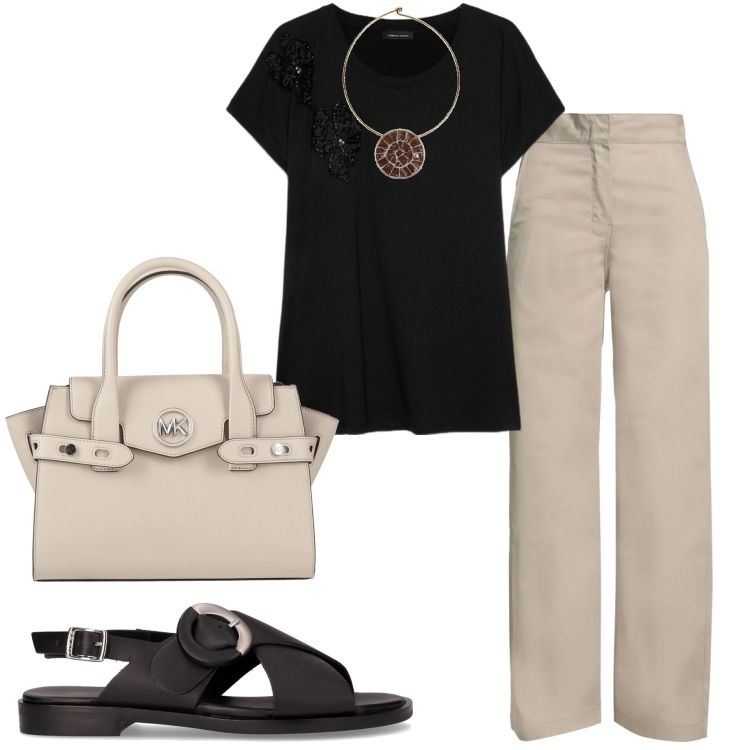 Outfit donna - In ufficio a luglio. Stile Sporty chic per Ufficio. Abbinamento con pantaloni, collane, borse a mano, t-shirt, sandali.