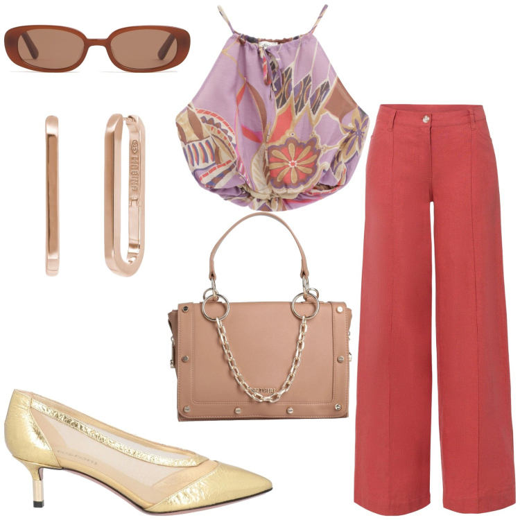 Outfit donna - Total look #2193934. Stile Casual chic per Tutti i giorni. Abbinamento con pantaloni a palazzo, décolleté, borse a mano, orecchini, top, occhiali da sole.