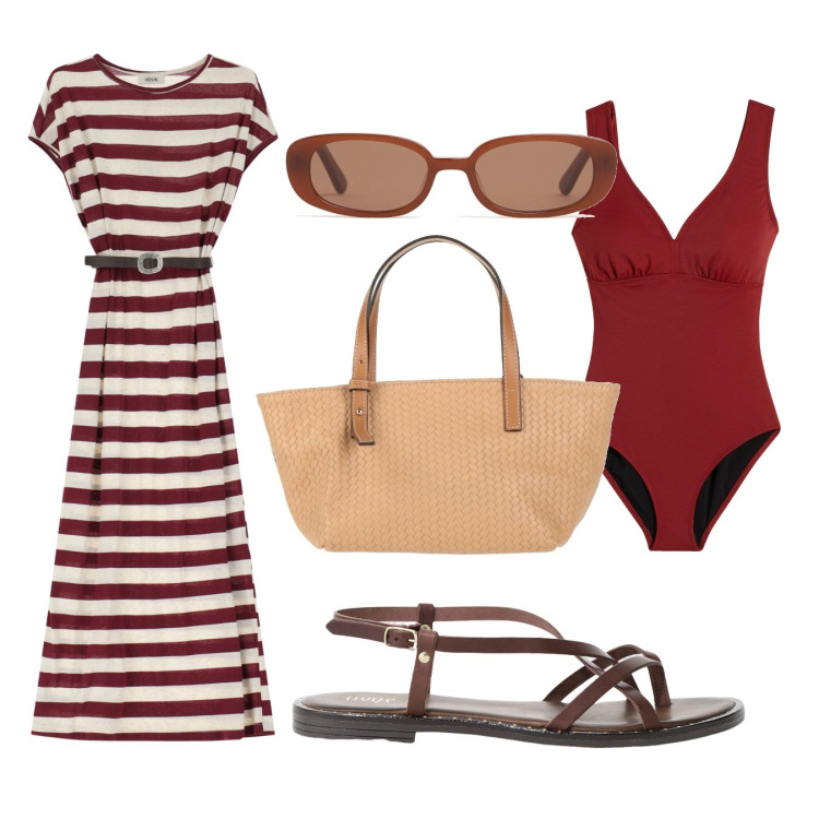 Outfit donna - Terra e mare. Stile Basic per Mare. Abbinamento con costumi interi, borse a mano, vestiti midi/longuette, sandali, occhiali da sole.