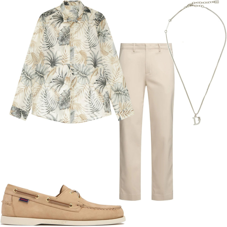 Outfit uomo - Fantasia per la serata estiva. Stile Trendy per Tutti i giorni. Abbinamento con collane, camicie, scarpe stringate, pantaloni.