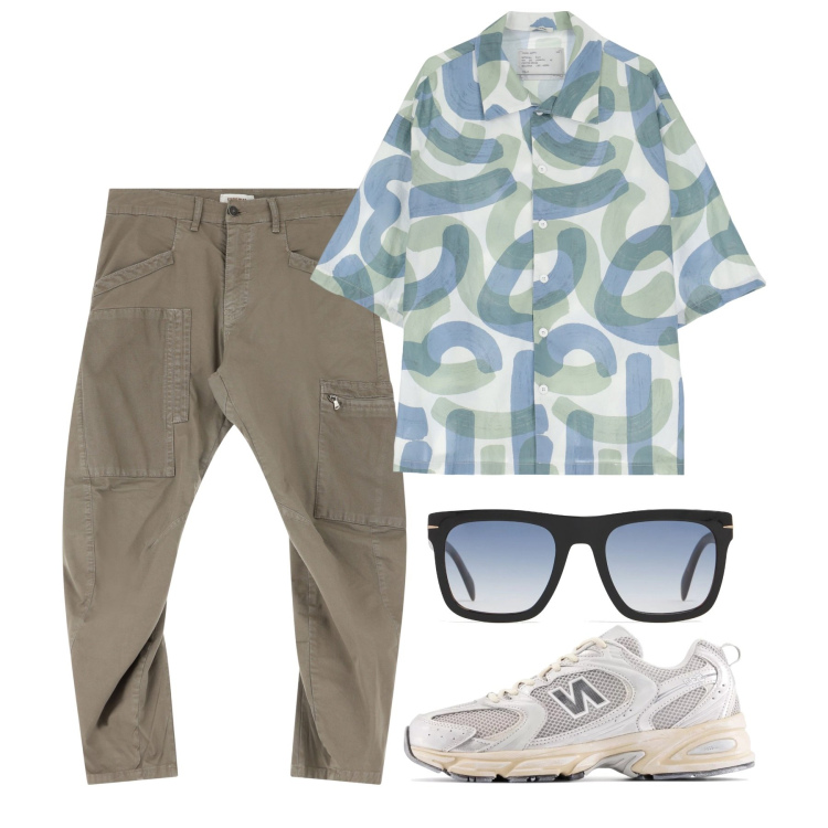 Outfit uomo - Giugno. Stile Casual per Tutti i giorni. Abbinamento con sneakers, camicie a manica corta, pantaloni cargo, occhiali da sole.