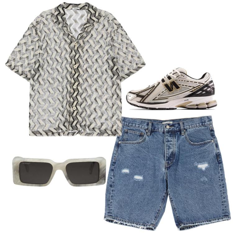 Outfit uomo - Total look. Stile Casual per Tutti i giorni. Abbinamento con occhiali da sole, sneakers, bermuda, camicie a manica corta.