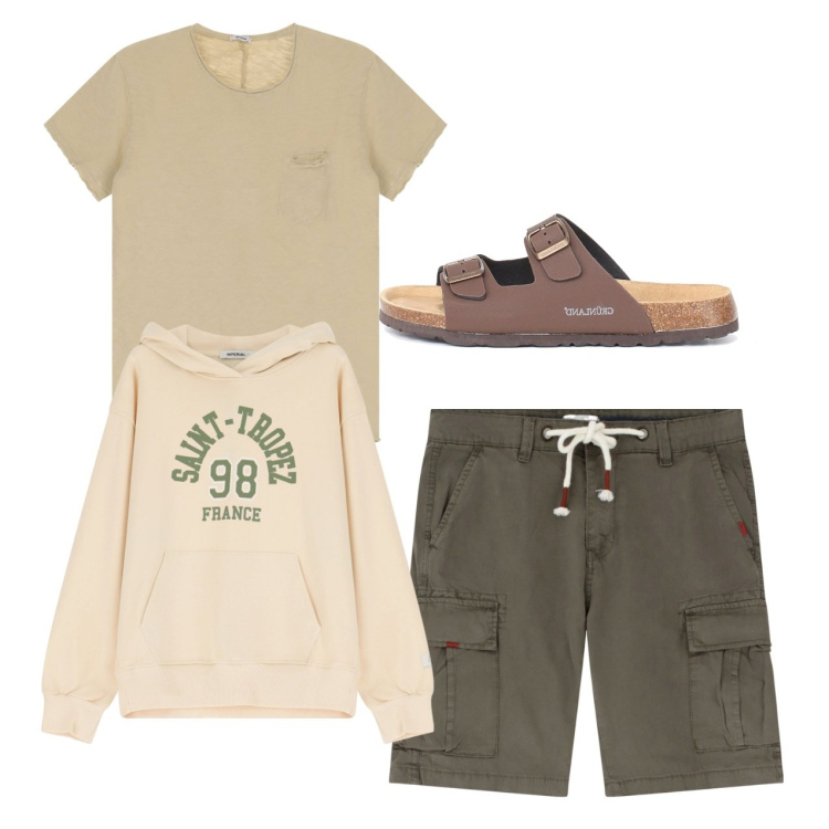 Outfit uomo - Vacanza. Stile Casual per Tutti i giorni. Abbinamento con felpe con cappuccio, bermuda, t-shirt, sandali.