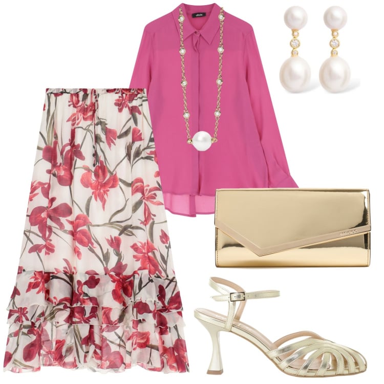 Outfit donna - Matrimonio di amici. per Cerimonia. Abbinamento con collane, gonne lunghe, camicie, sandali col tacco, pochette, orecchini.