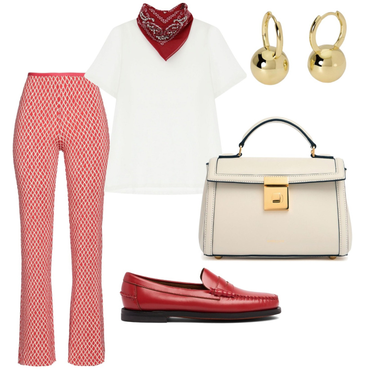 Outfit donna - In agenzia. per Ufficio. Abbinamento con leggings, orecchini, t-shirt, mocassini, borse a mano.