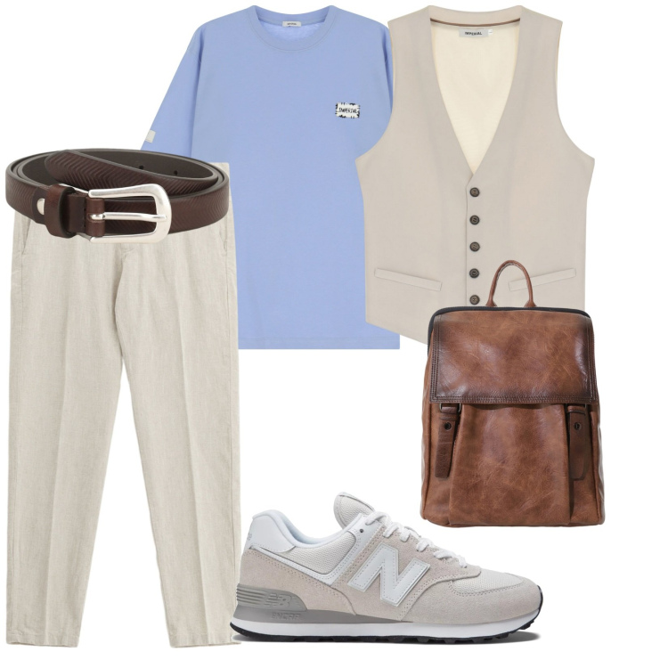 Outfit uomo - In ufficio così. per Ufficio. Abbinamento con sneakers, borse sportive, pantaloni chino, cinture, gilet, t-shirt.