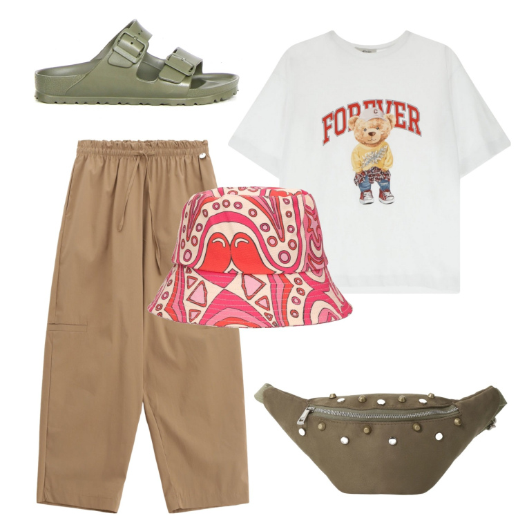 Outfit donna - Basic. Stile Basic per Tutti i giorni. Abbinamento con pantaloni corti, marsupi, t-shirt, ciabatte, cappelli.